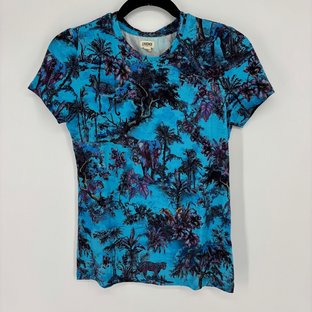 L'Agence Ressi Jungle Toile Fitted Tee Blue Multi Women Size Small Crew Neck - Picture 2 of 8